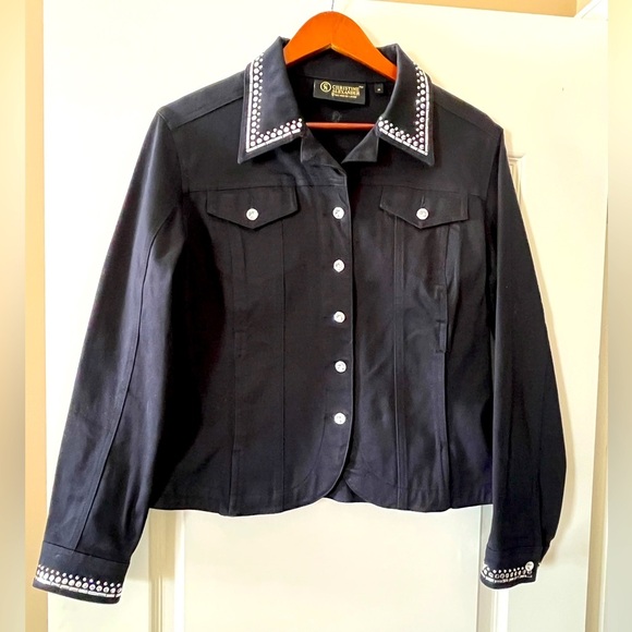 Christine Alexander Vintage Black Jean Jacket with Rhinestoned Crown Size Med - Picture 1 of 16